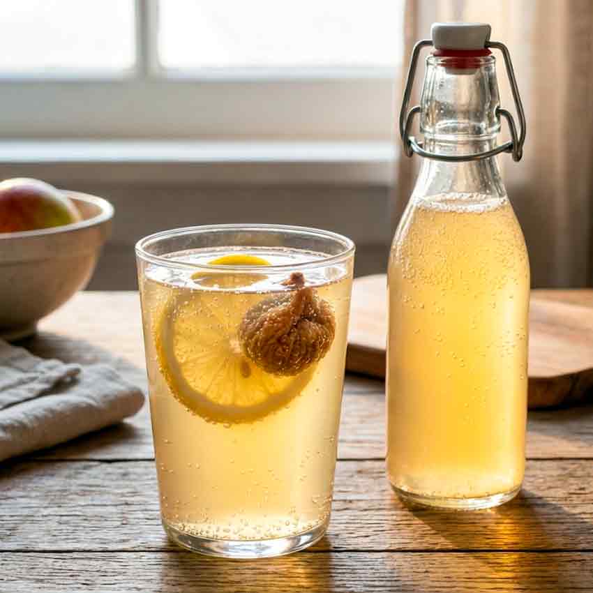 Bruisende waterkefir met citroen en vijg