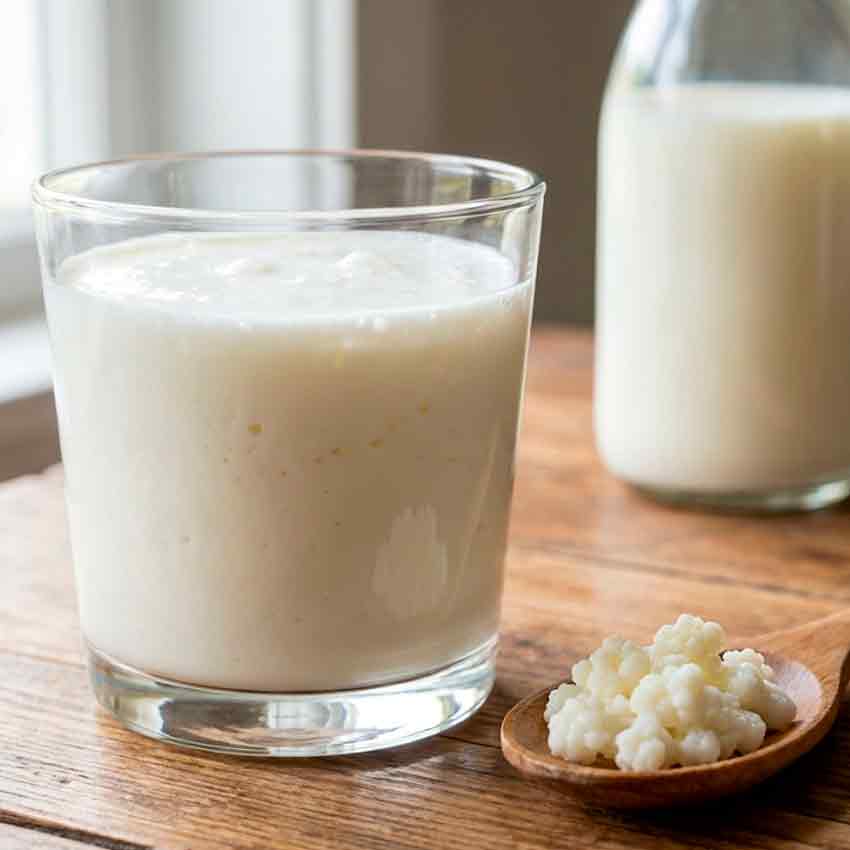Romige melkkefir in glas met kefirkorrels